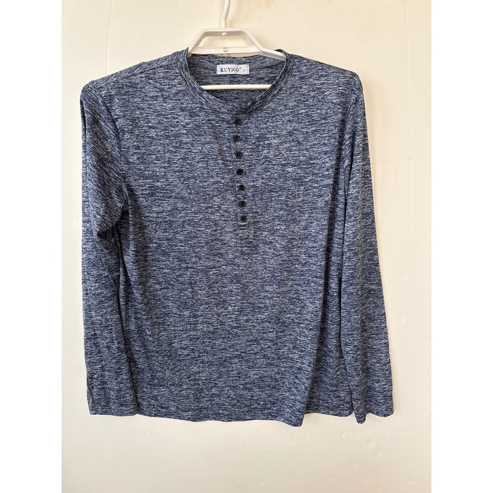 KUYIGO Mens Long Sleeve Henley Shirt Blue Heathered Size L